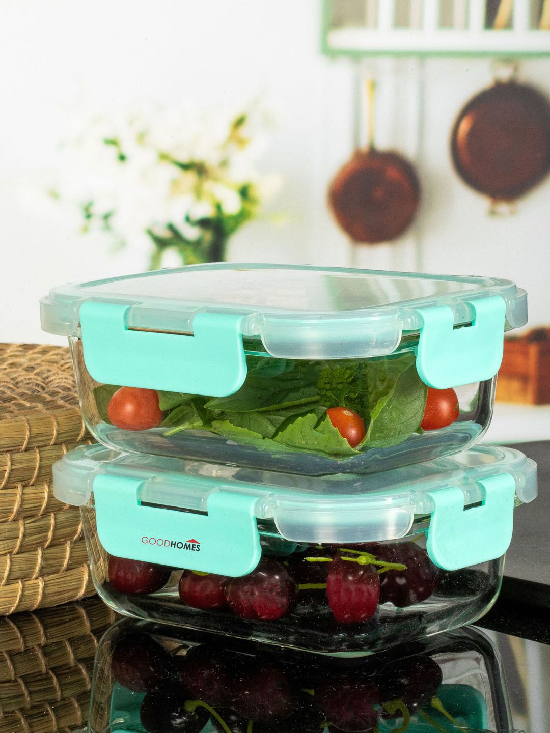 GOODHOMES Set Of 2 Transparent Solid Glass Rectangle Container With Airtight Lid Price in India