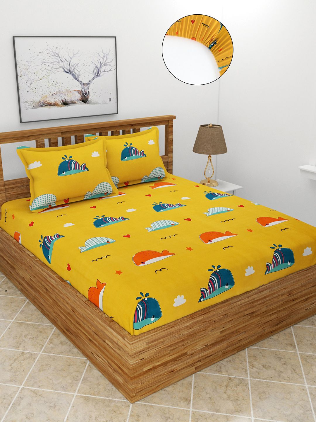MORADO Yellow & Blue Conversational 210 TC Fitted Queen Bedsheet with 2 Pillow Covers Price in India