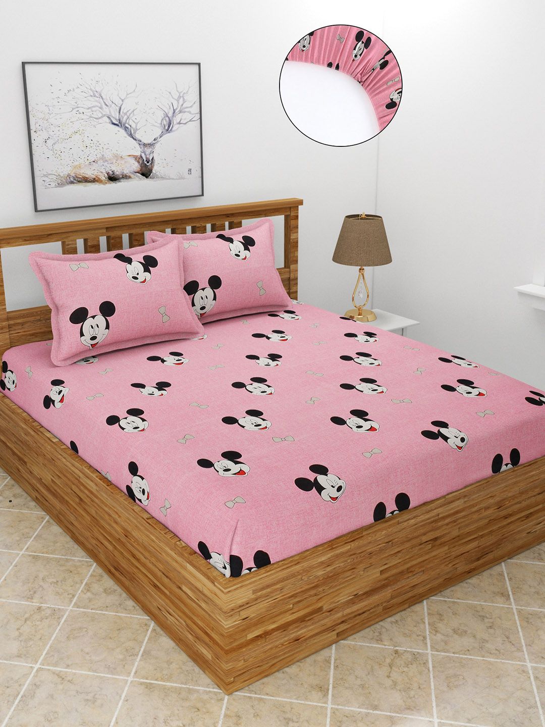 MORADO Pink & Black Cartoon Characters 210 TC Queen Fitted Bedsheet with 2 Pillow Covers Price in India