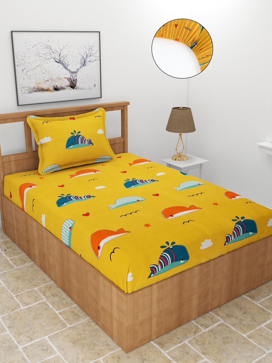 MORADO Yellow & Blue Conversational 210 TC Single Fitted Bedsheet with 1 Pillow Cover Price in India