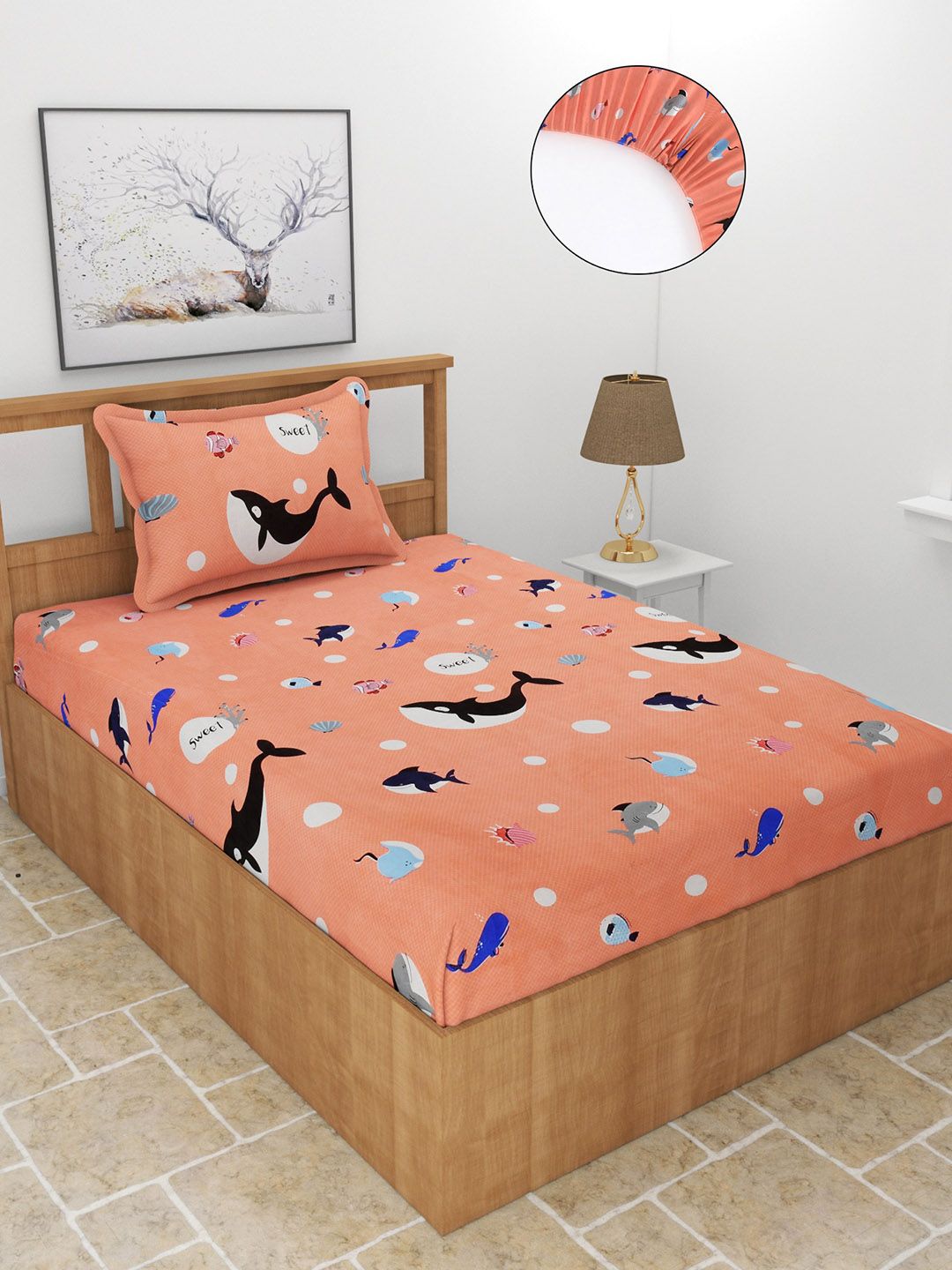 MORADO Pink & Black Cartoon Characters 210 TC Single Fitted Bedsheet with 1 Pillow Covers Price in India