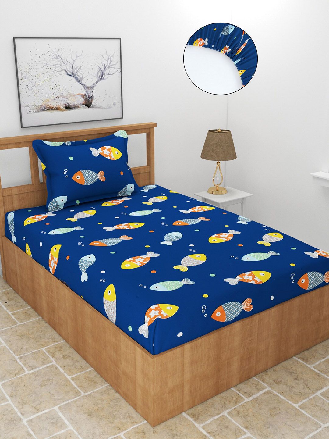 MORADO Blue & Yellow Graphic 210 TC Single Fitted Bedsheet with 1 Pillow Covers Price in India