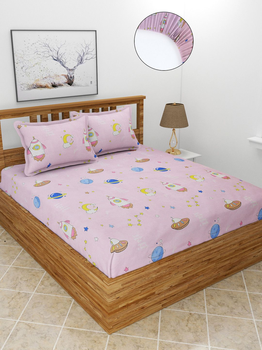 MORADO Pink & Blue Conversational 210 TC Fitted Queen Bedsheet with 2 Pillow Cover Price in India