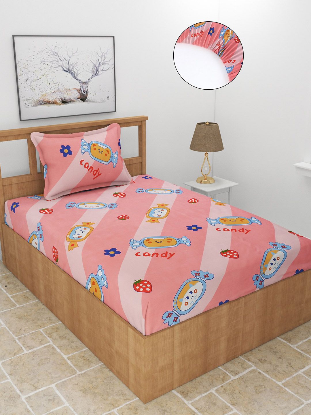 MORADO Pink & Blue Graphic 210 TC Single Fitted Bedsheet with 1 Pillow Covers Price in India