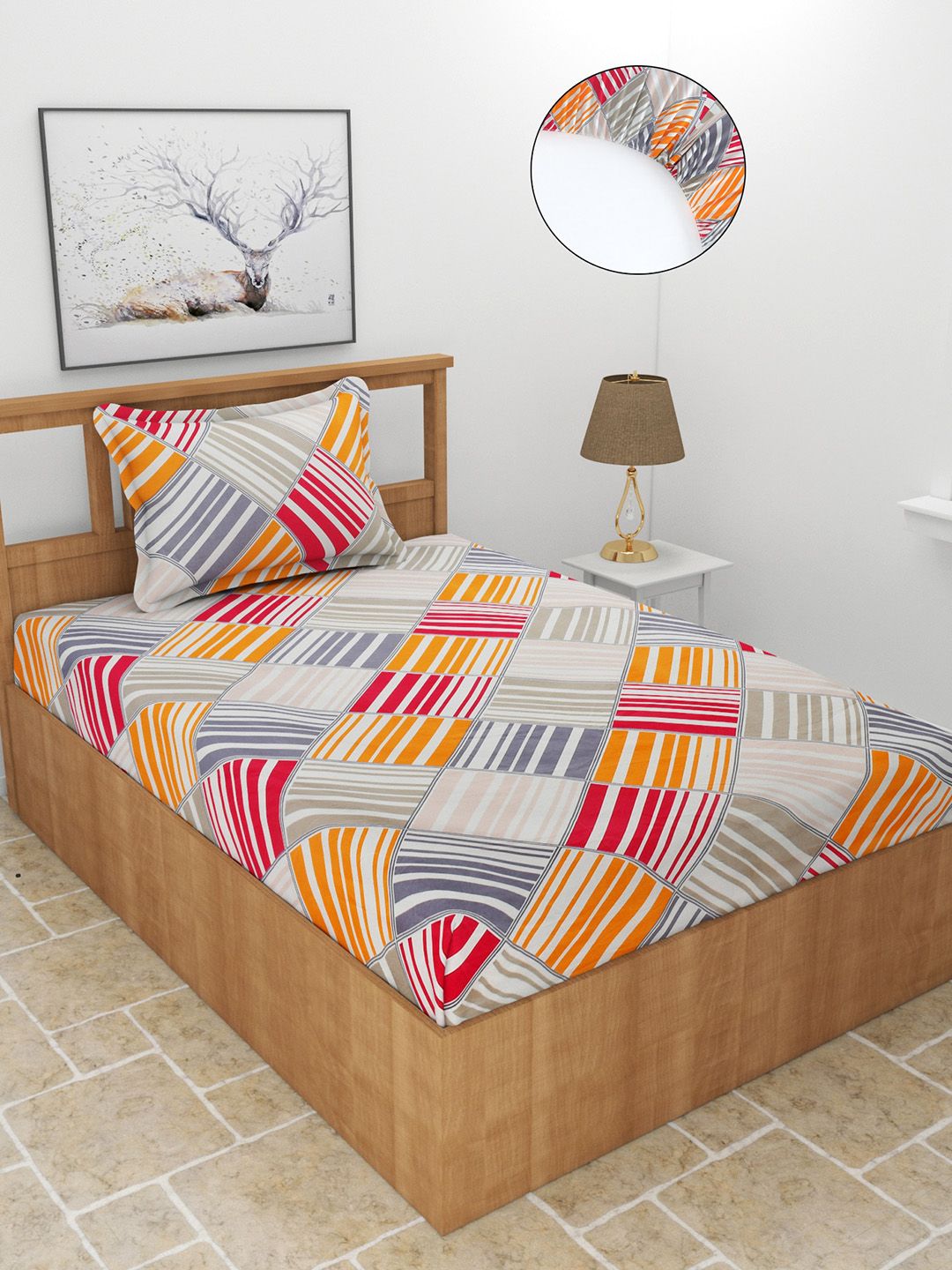 MORADO Grey & Red Geometric 180 TC Single Fitted Bedsheet with 1 Pillow Covers Price in India