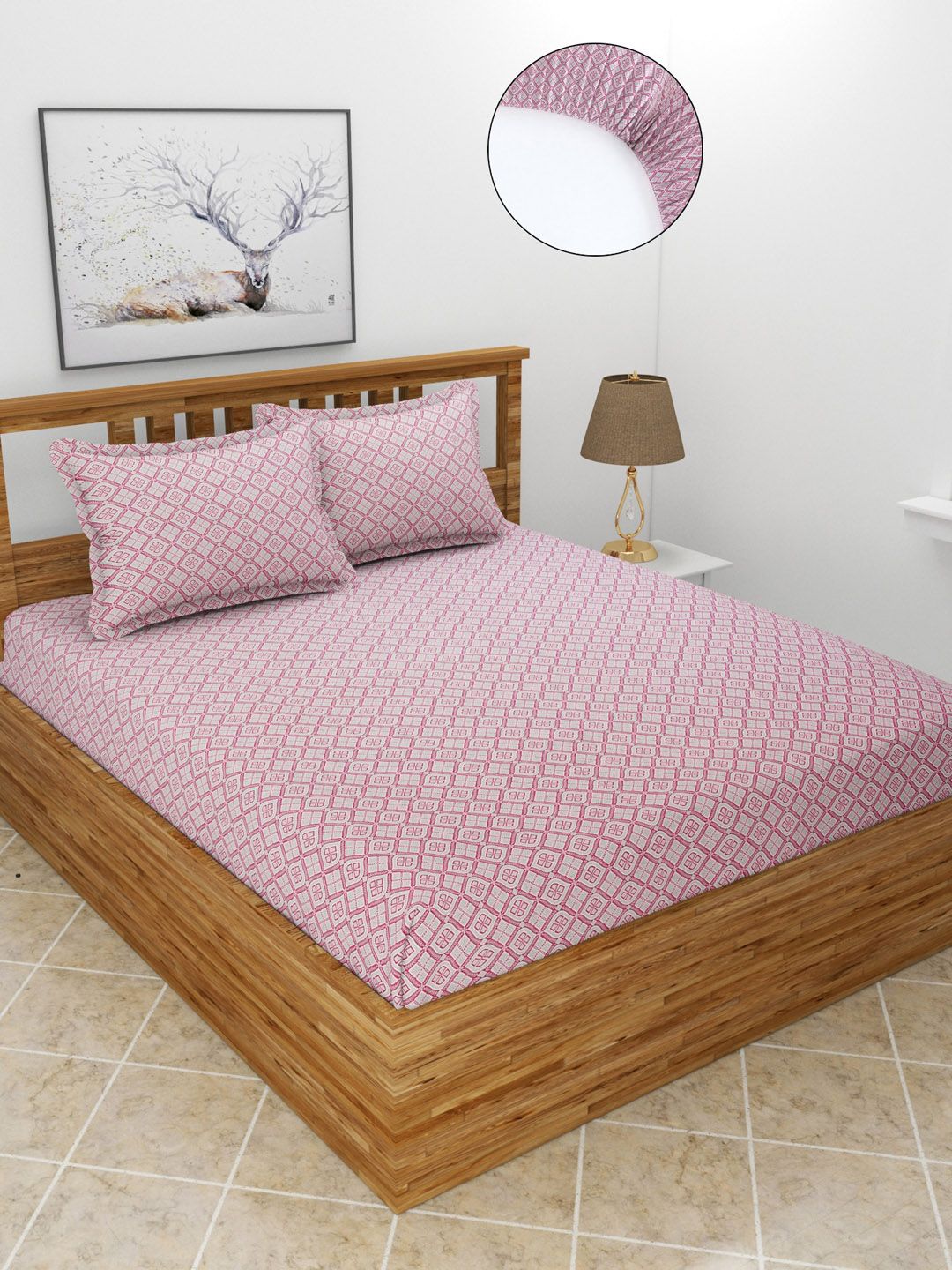 MORADO Pink & Grey Ethnic Motifs 210 TC Queen Fitted Bedsheet with 2 Pillow Covers Price in India