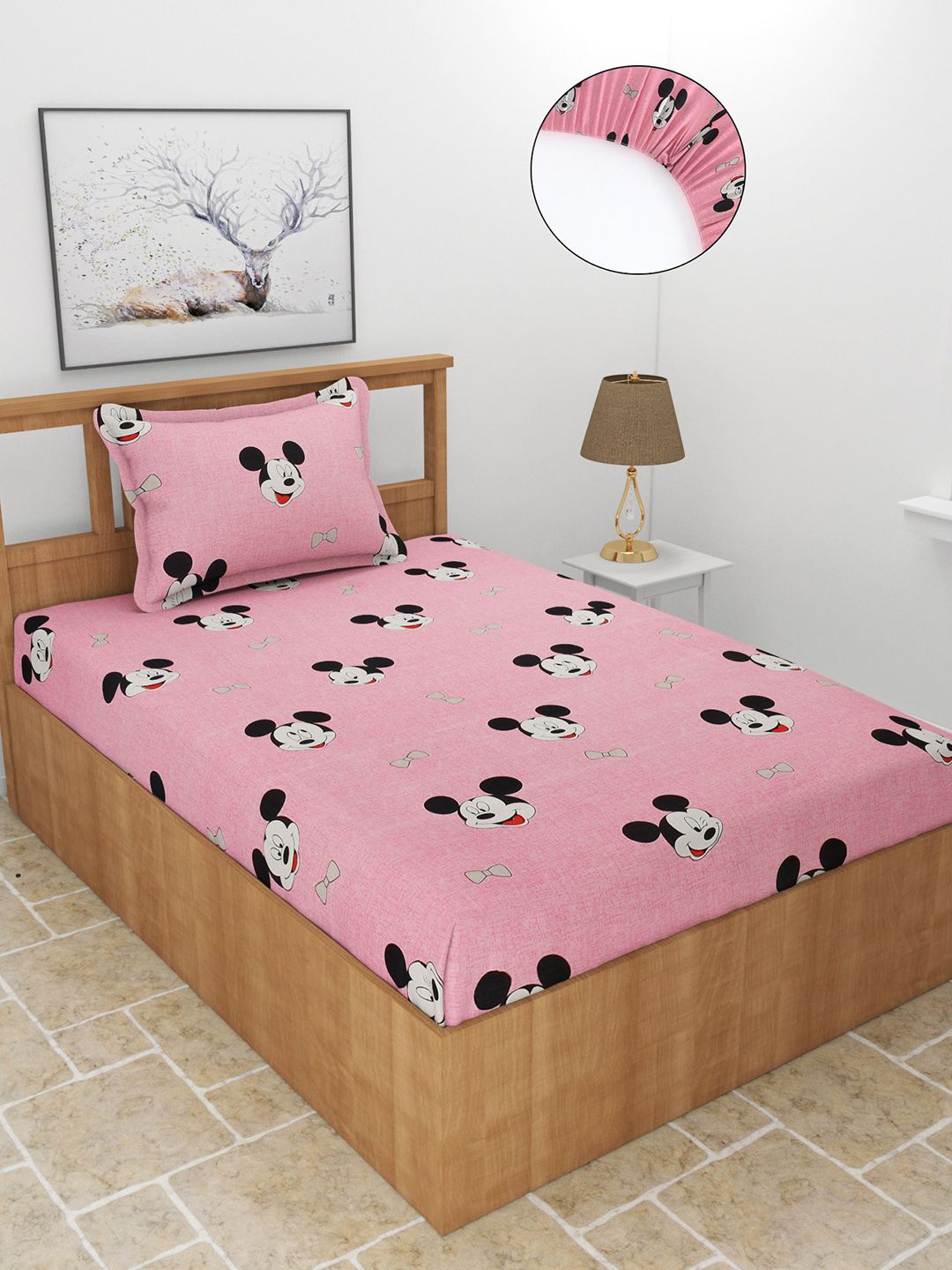 MORADO Pink & White Cartoon Characters 210 TC Single Fitted Bedsheet with 1 Pillow Covers Price in India