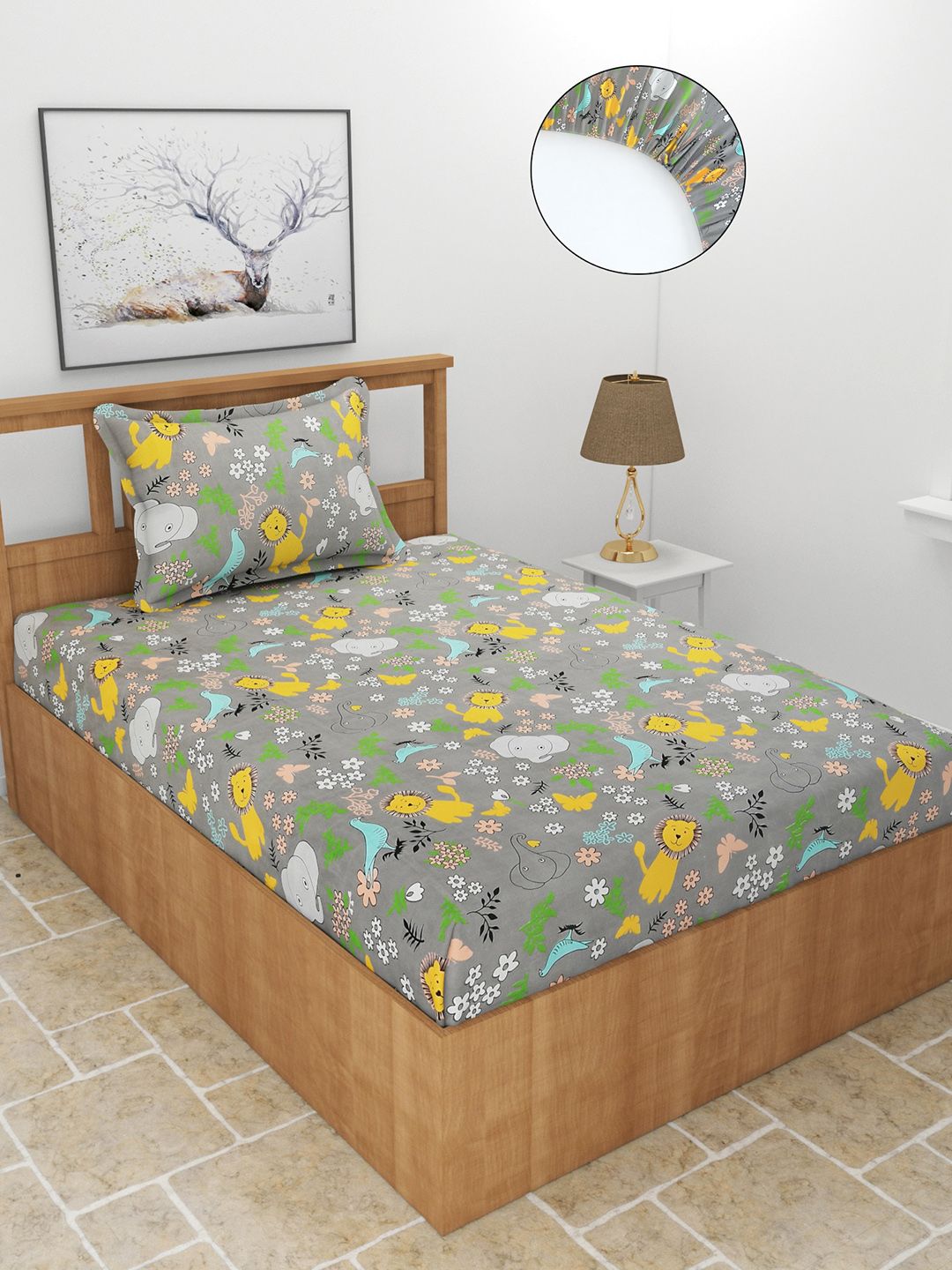 MORADO Grey & Yellow Conversational 210 TC Single Fitted Bedsheet with 1 Pillow Covers Price in India