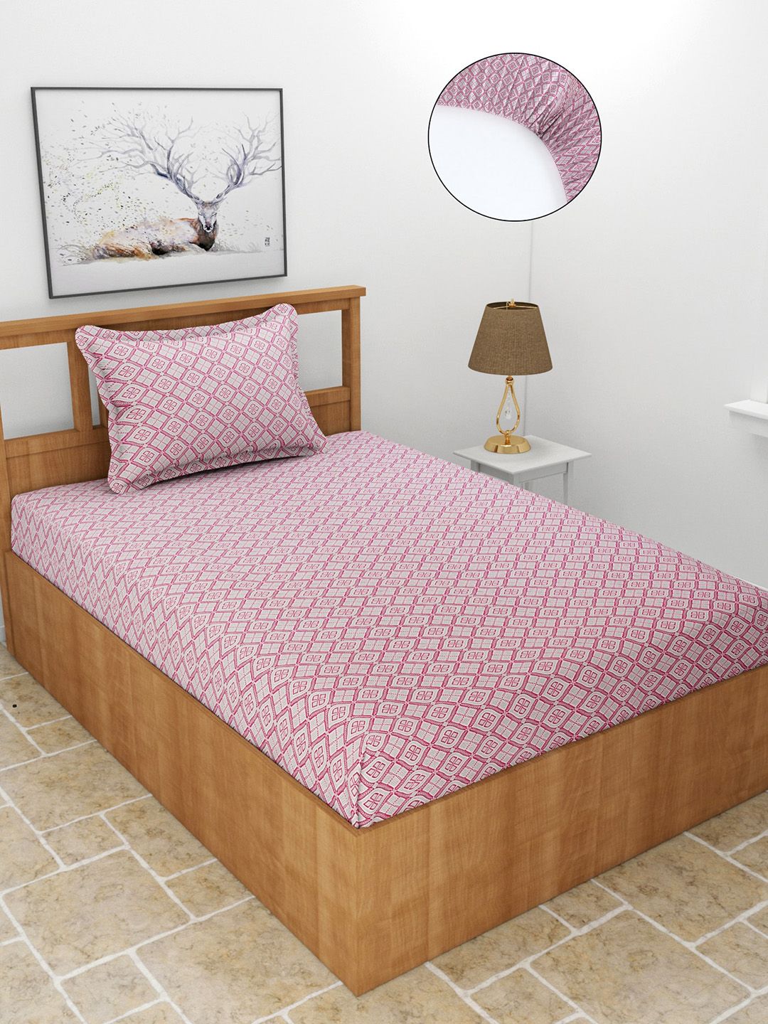 MORADO Pink & White Geometric 210 TC Single Fitted Bedsheet with 1 Pillow Covers Price in India