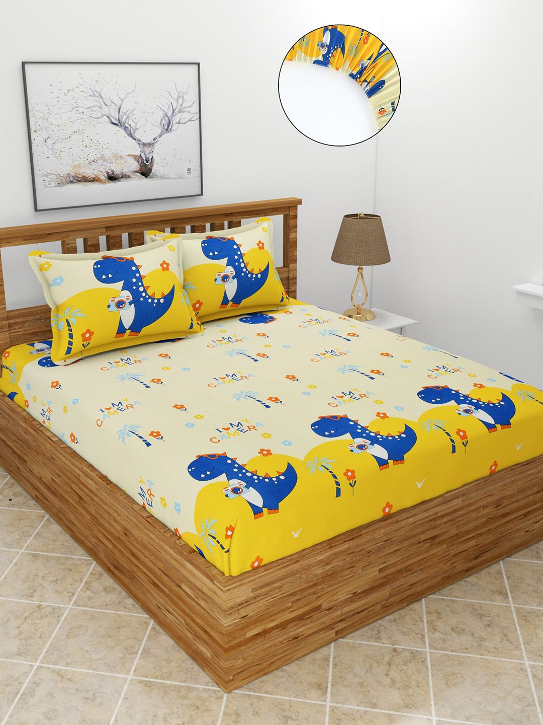 MORADO Yellow & Blue Graphic 180 TC Queen Fitted Bedsheet with 2 Pillow Covers Price in India