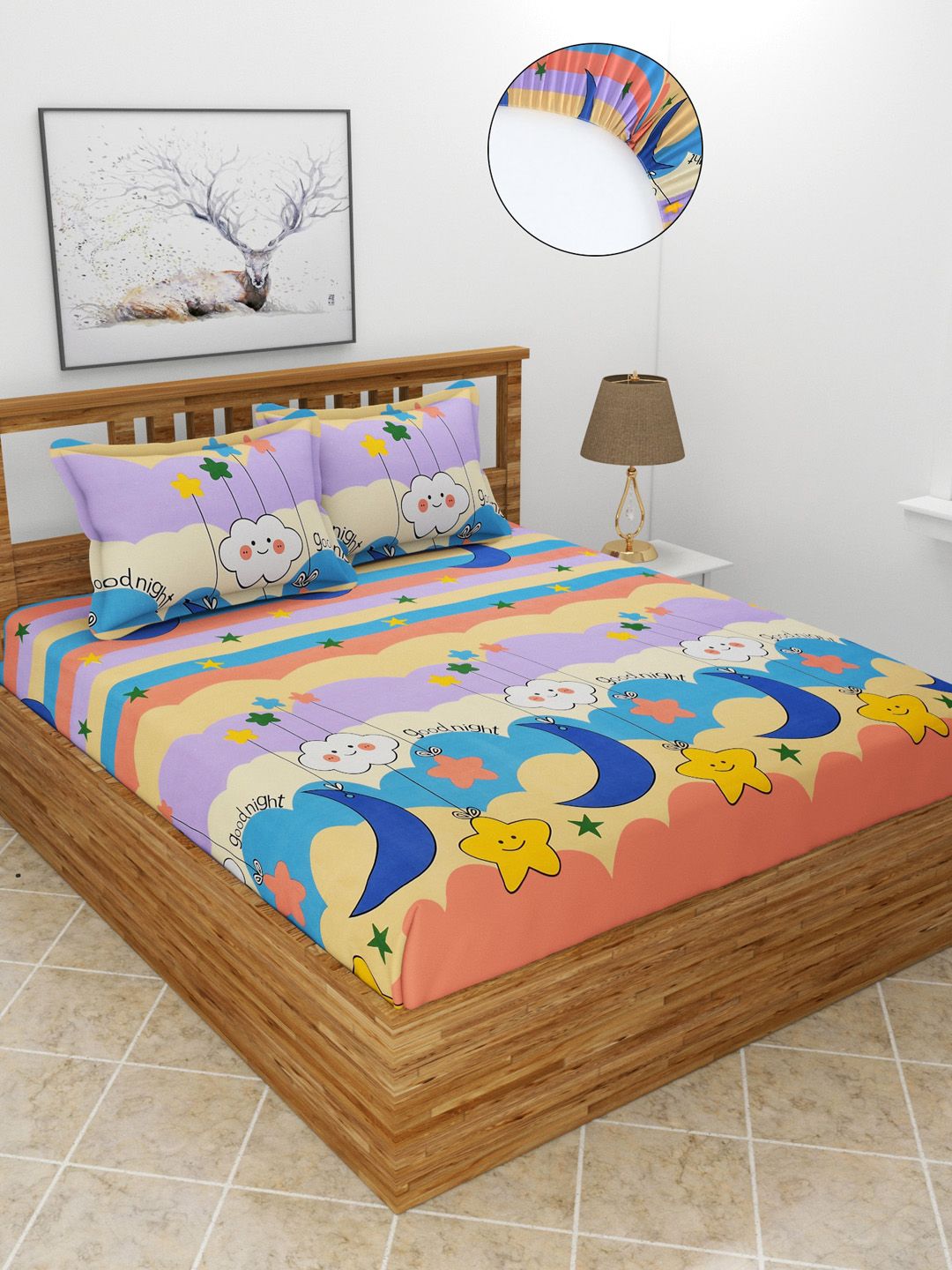 MORADO Yellow & Blue Printed Polycotton180 TC Queen Fitted Bedsheet with 2 Pillow Covers Price in India