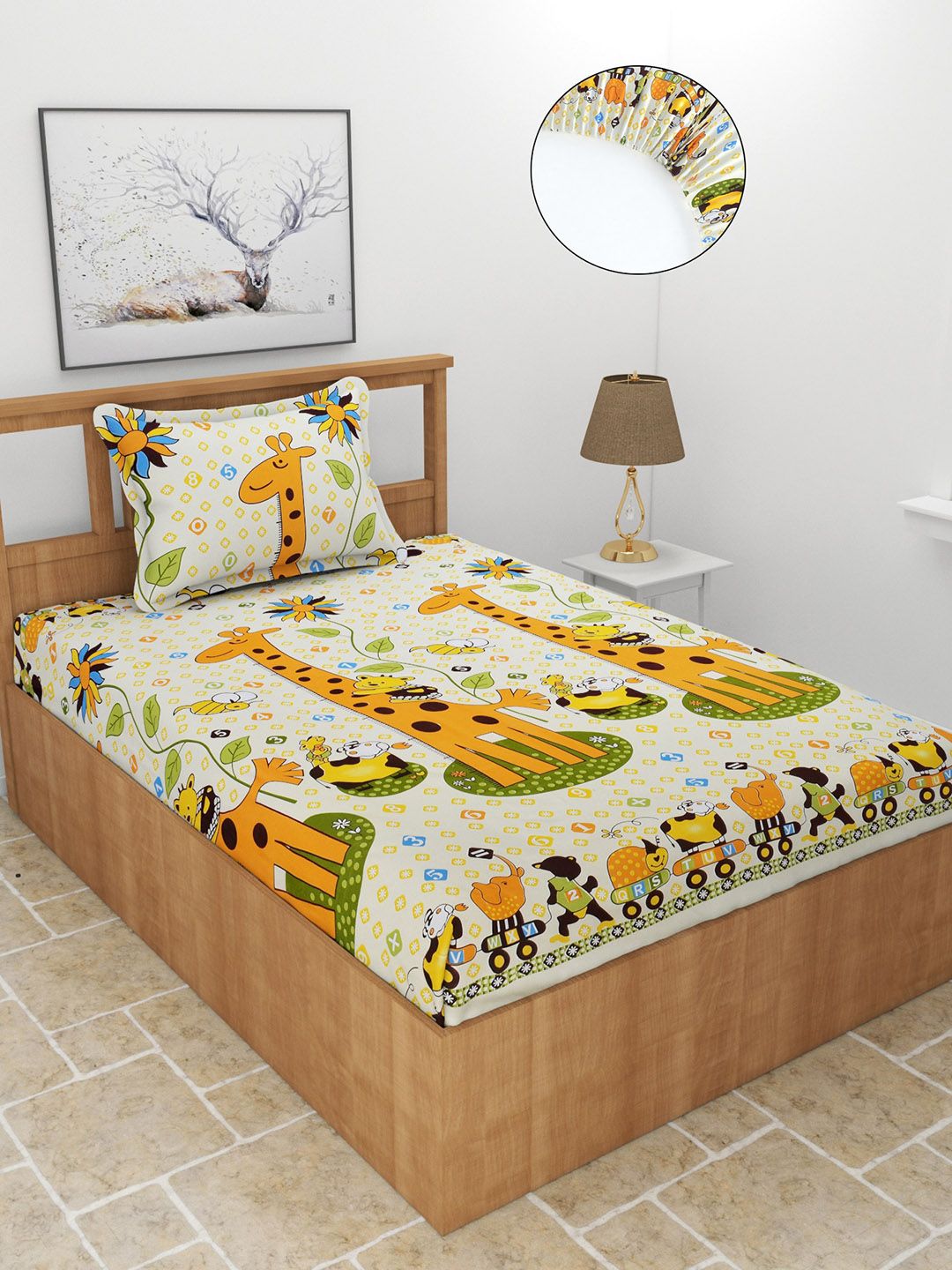 MORADO Yellow & Green Printed 180 TC Single Fitted Bedsheet with 1 Pillow Cover Price in India