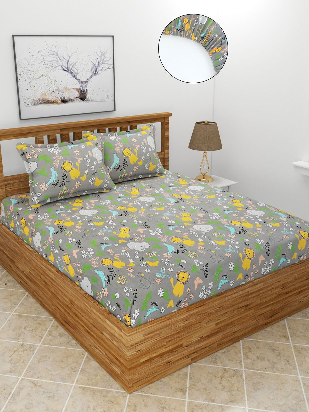 MORADO Grey & Yellow Printed 210 TC Queen Fitted Bedsheet with 2 Pillow Covers Price in India