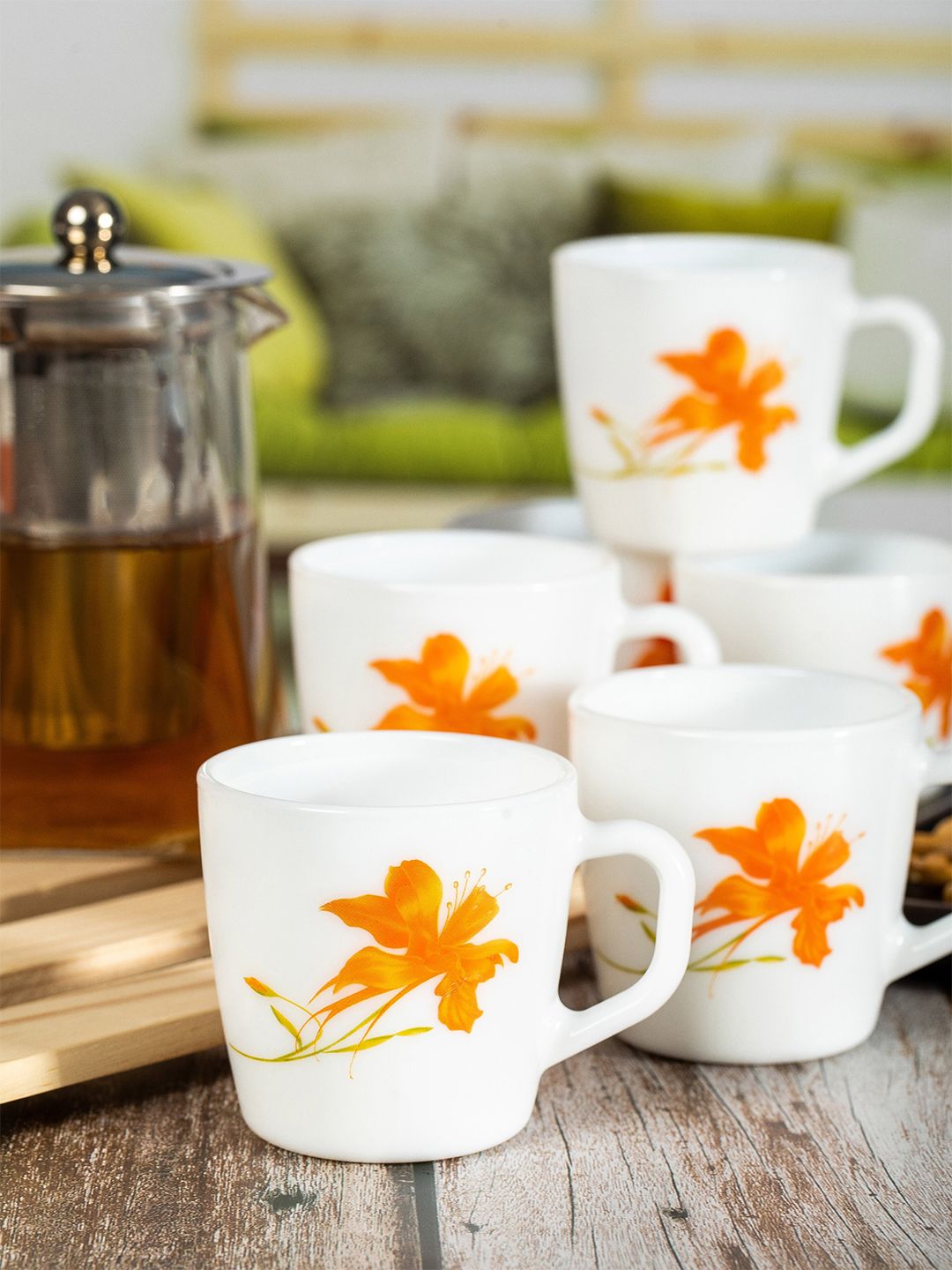 Cello White & Orange Floral Printed Opalware Glossy Mugs Set of Cups and Mugs Price in India