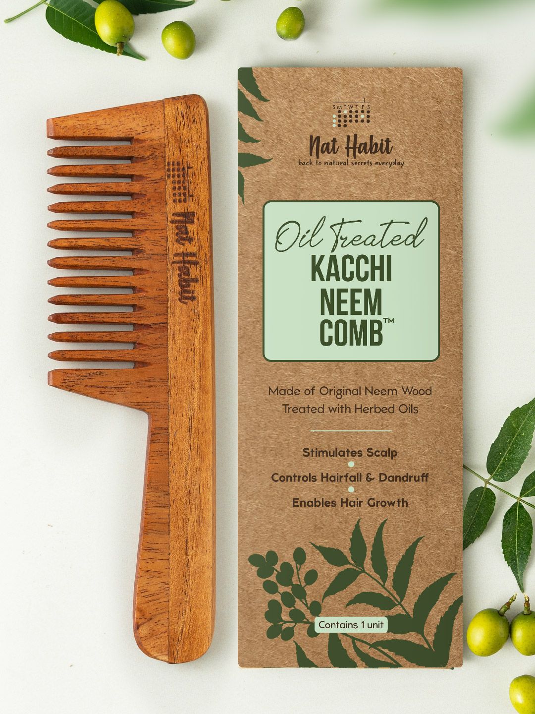 Nat Habit Wide Tooth Kacchi Neem Wooden Comb for Hair Growth  Frizz Control