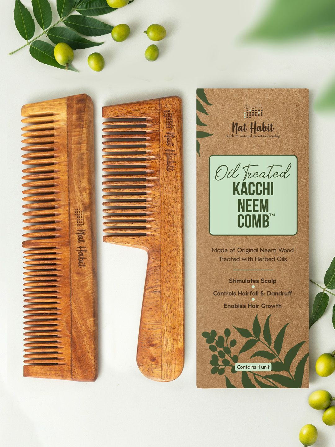 Nat Habit Kacchi Neem Wooden Comb Treated with Neem Oil - Fine + Dual Tooth Combo