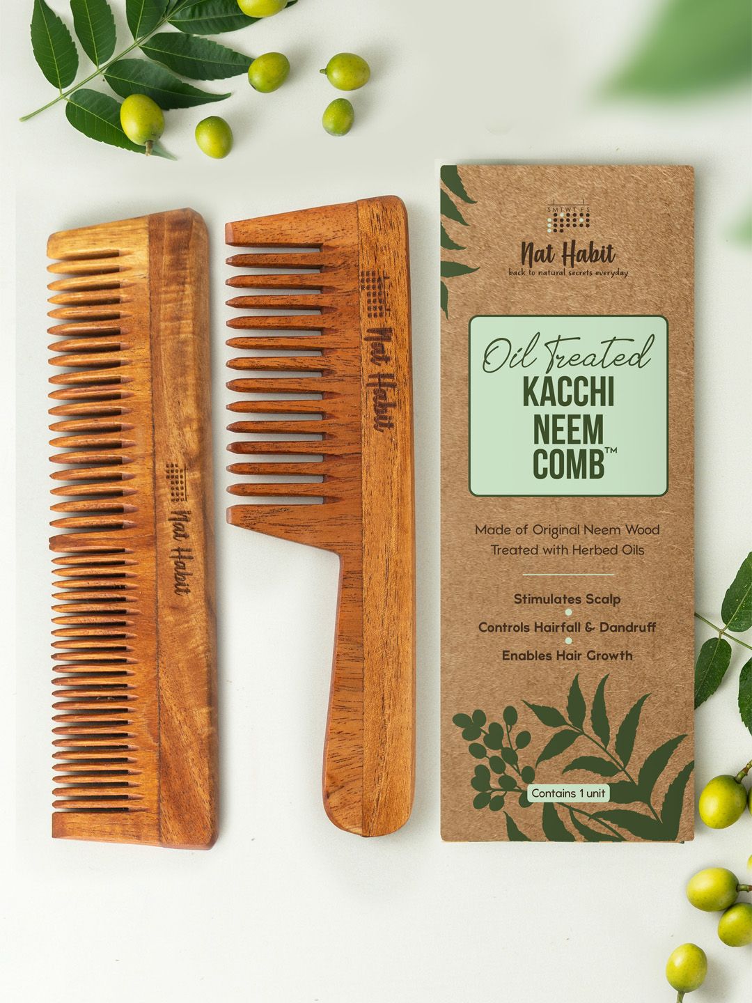 Nat Habit Kacchi Neem Wooden Comb  Treated with Neem Oil - Wide + Dual Tooth Combo