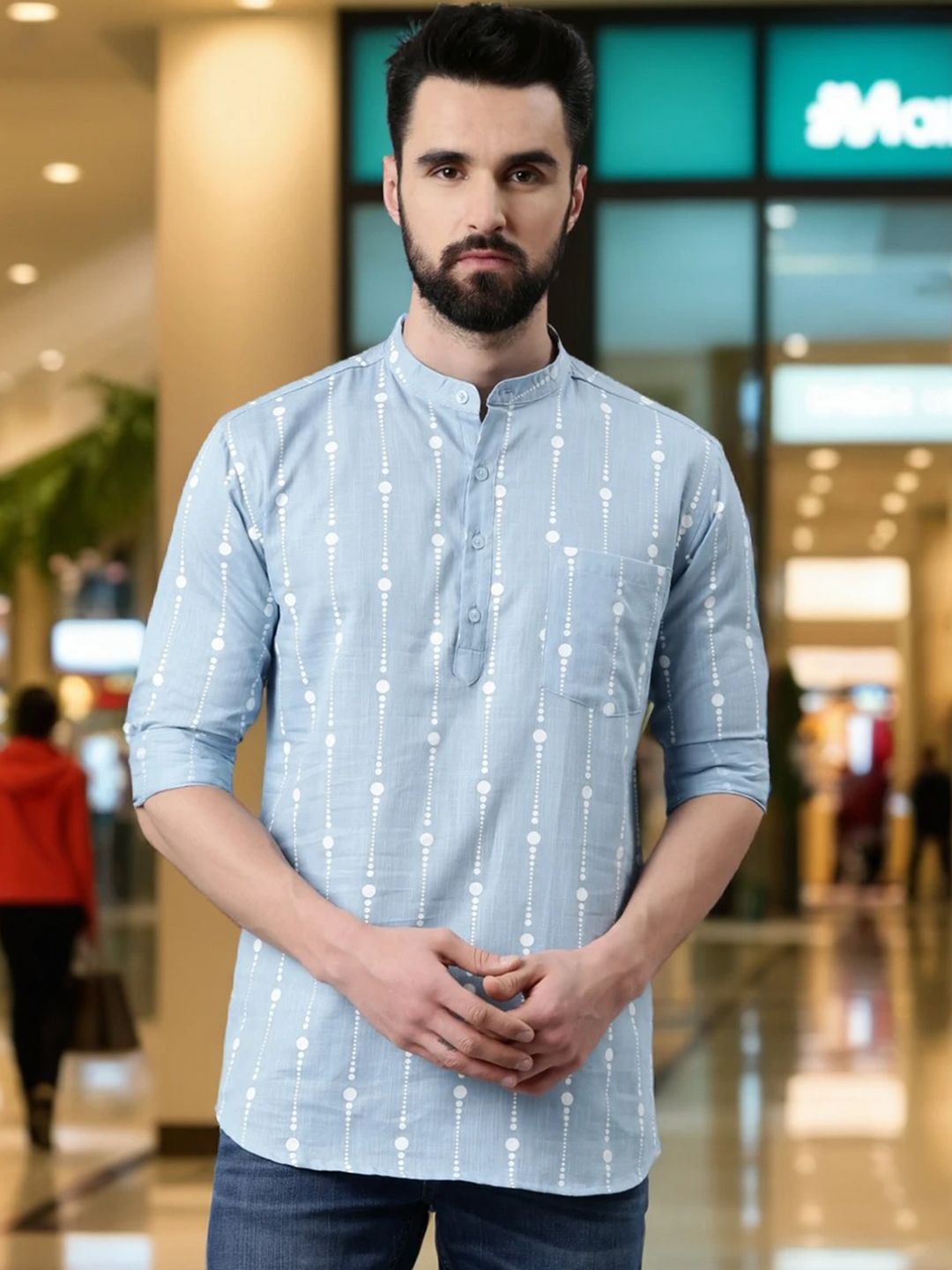 Kryptic Men Blue Geometric Printed Cotton Kurta