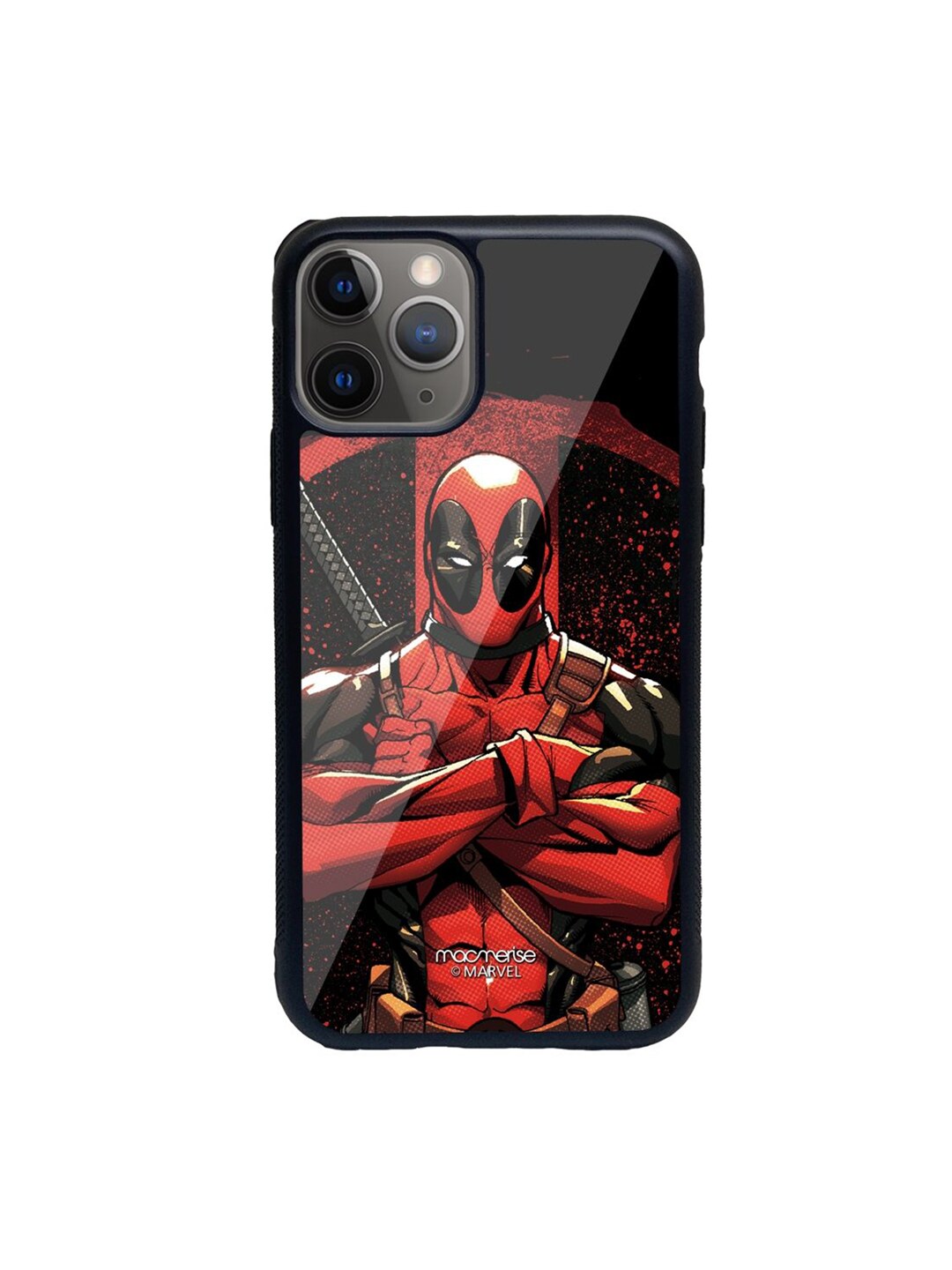 macmerise Black Printed Deadpool Stance iPhone 11 Pro Glass Phone Back Case Price in India