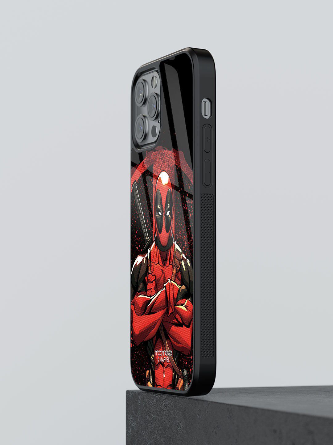 macmerise Black & Red Printed Deadpool Stance iPhone 12 Pro Glass Phone Back Case Price in India
