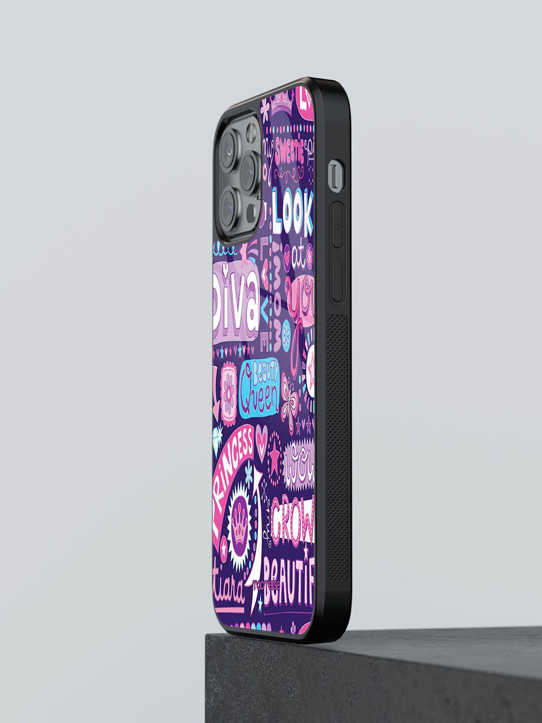 macmerise Purple & White Printed Diva Diaries iPhone 12 Pro Glass Phone Back Case Price in India