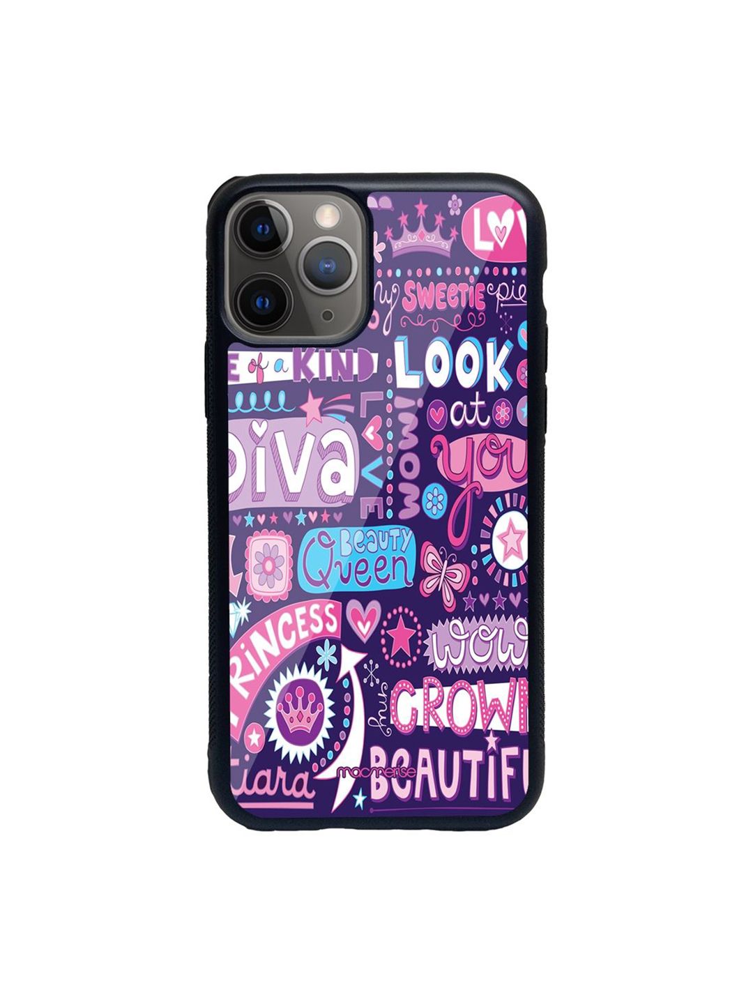 macmerise Purple & White Printed Diva Diaries iPhone 11 Pro Glass Phone Back Case Price in India