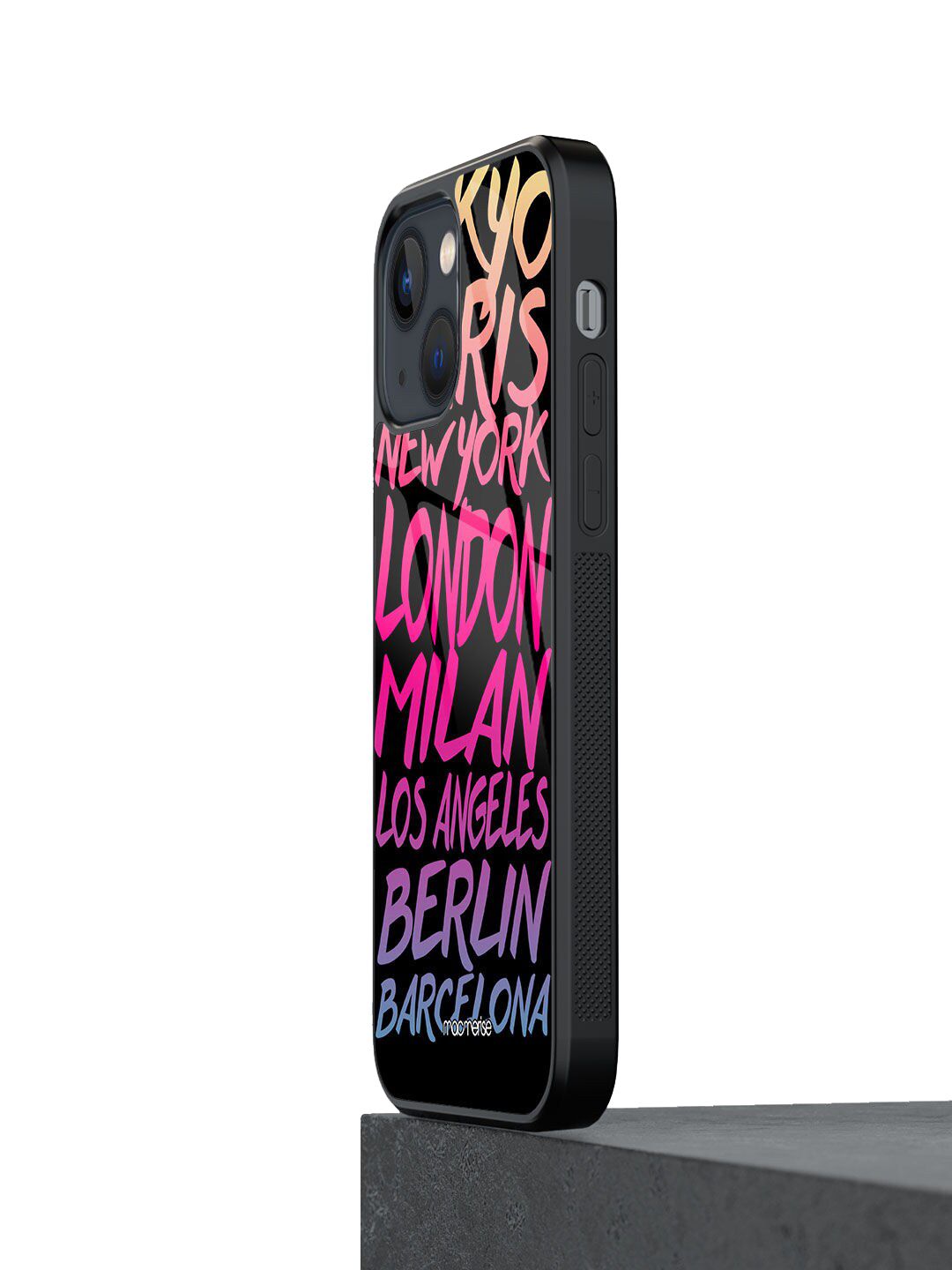 macmerise Black & Pink Printed Fashion Cities iPhone 13 Glass Phone Back Case Price in India