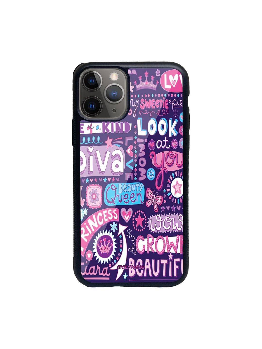 macmerise Purple Printed Diva Diaries iphone 11 Pro Max Glass Phone Back Case Price in India