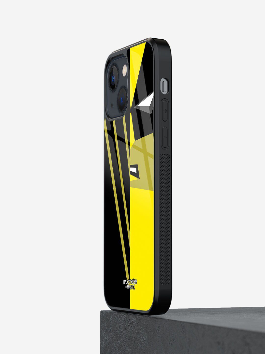 macmerise Black & Yellow Face Focus Wolverine Printed iPhone 13 Mini Glass Back Case Price in India