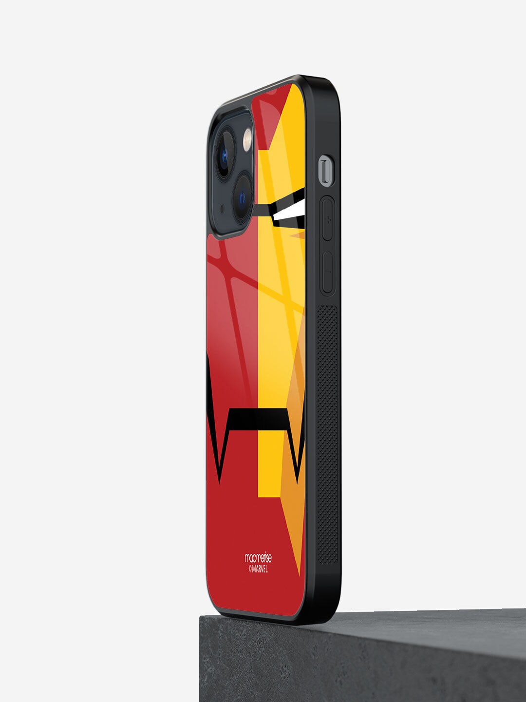 macmerise Red & Yellow Printed Face Focus Ironman iPhone 13 Mini Glass Phone Back Case Price in India