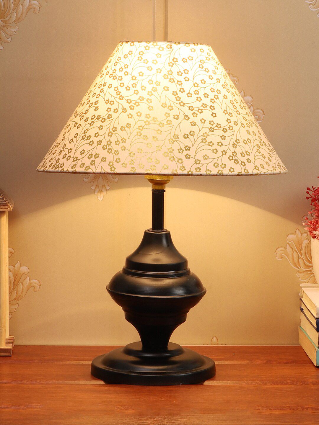 Foziq Cream & Black Printed Metal Table Lamp Price in India