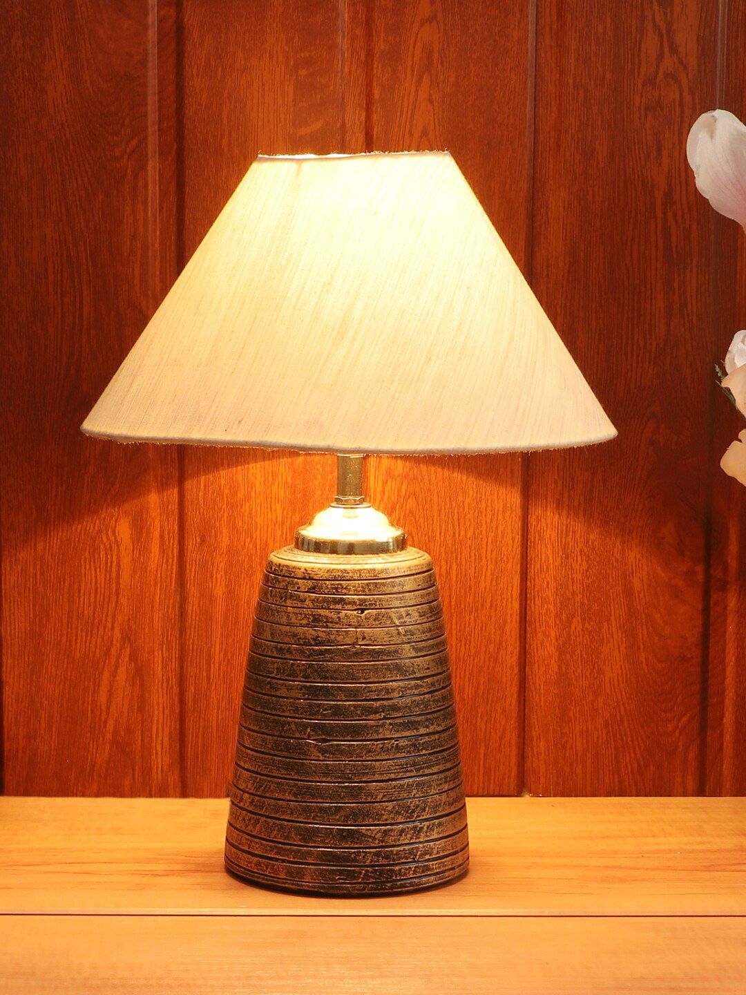 Foziq Brown & Cream Colored Solid Table Lamps Price in India