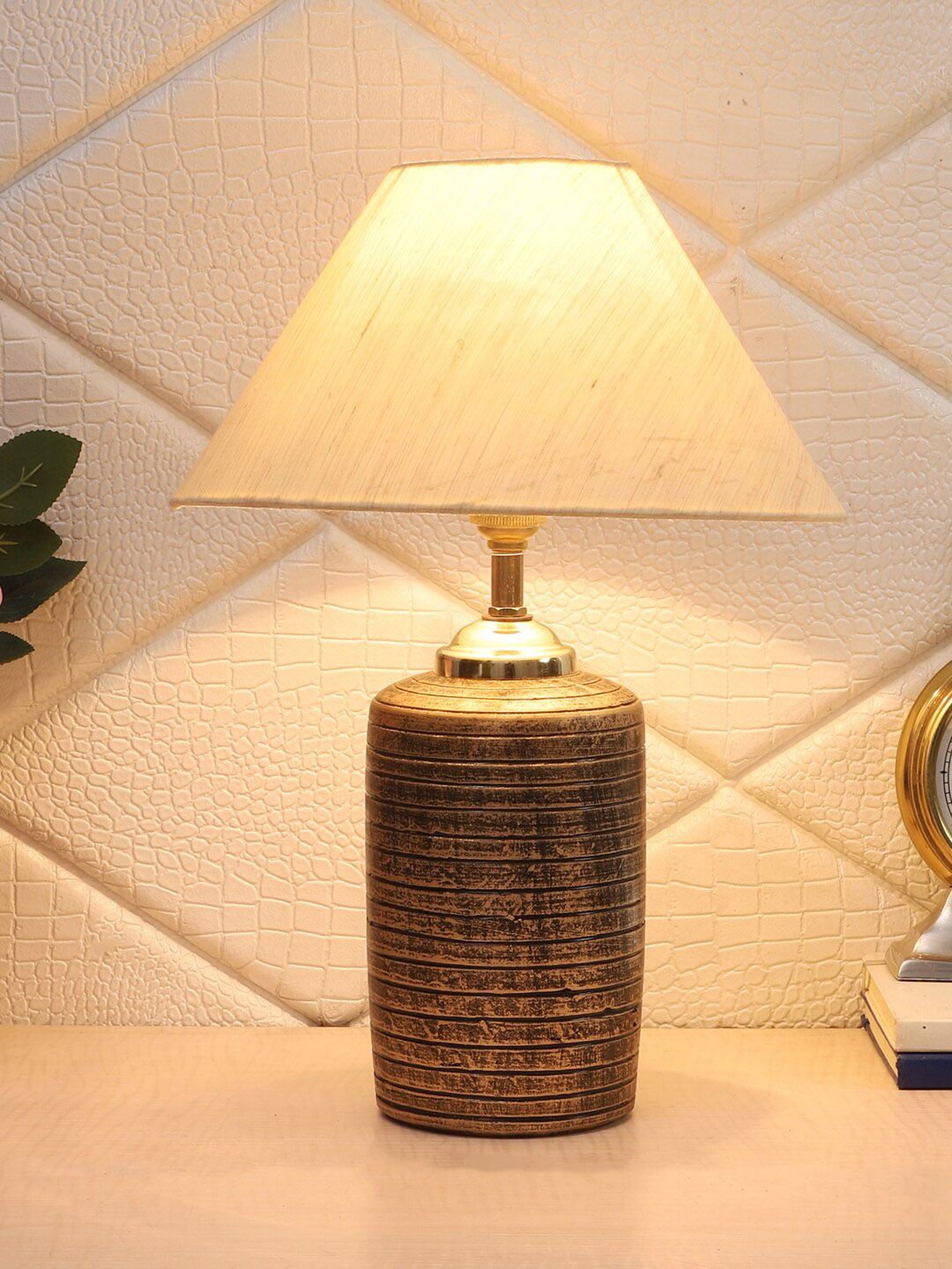 Foziq Beige & Gold-Toned Textured Table Lamps With Shade Price in India