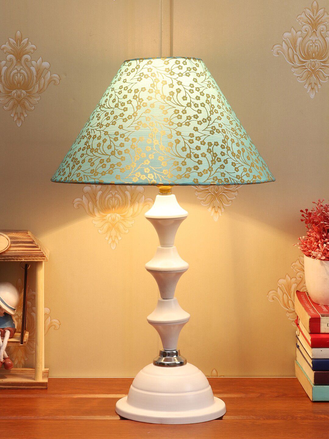 Foziq Blue & White Printed Metal Table Lamp Price in India