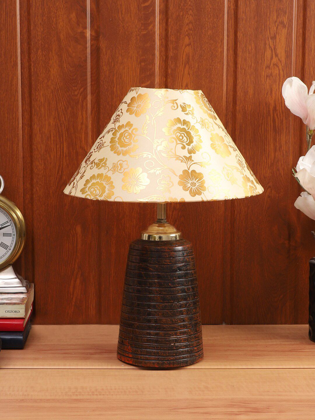 Foziq Brown & Gold-Toned Printed Table Lamps Price in India