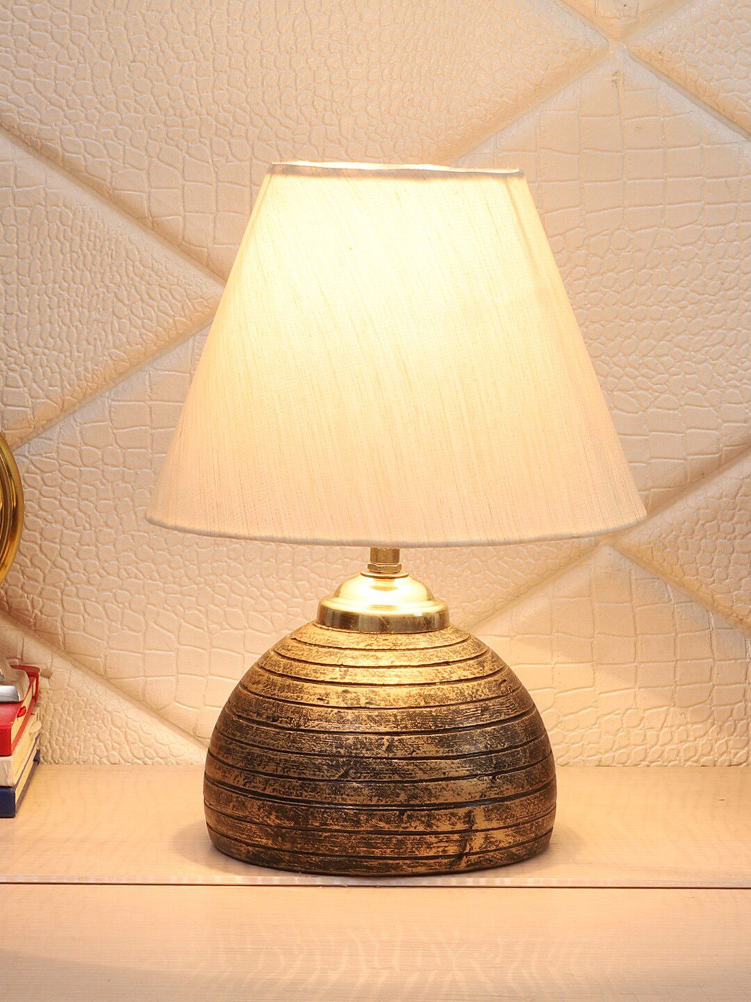 Foziq Mustard Yellow & Brown Textured Metal Table Lamps Price in India