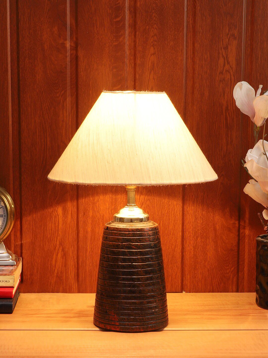 Foziq Brown & White Textured Table Lamps Price in India