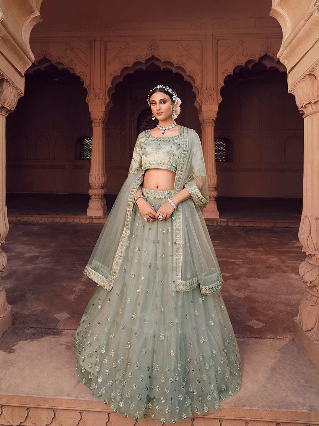 ODETTE Grey & Silver-Toned Embroidered Semi-Stitched Lehenga & Unstitched Blouse With Dupatta Price in India