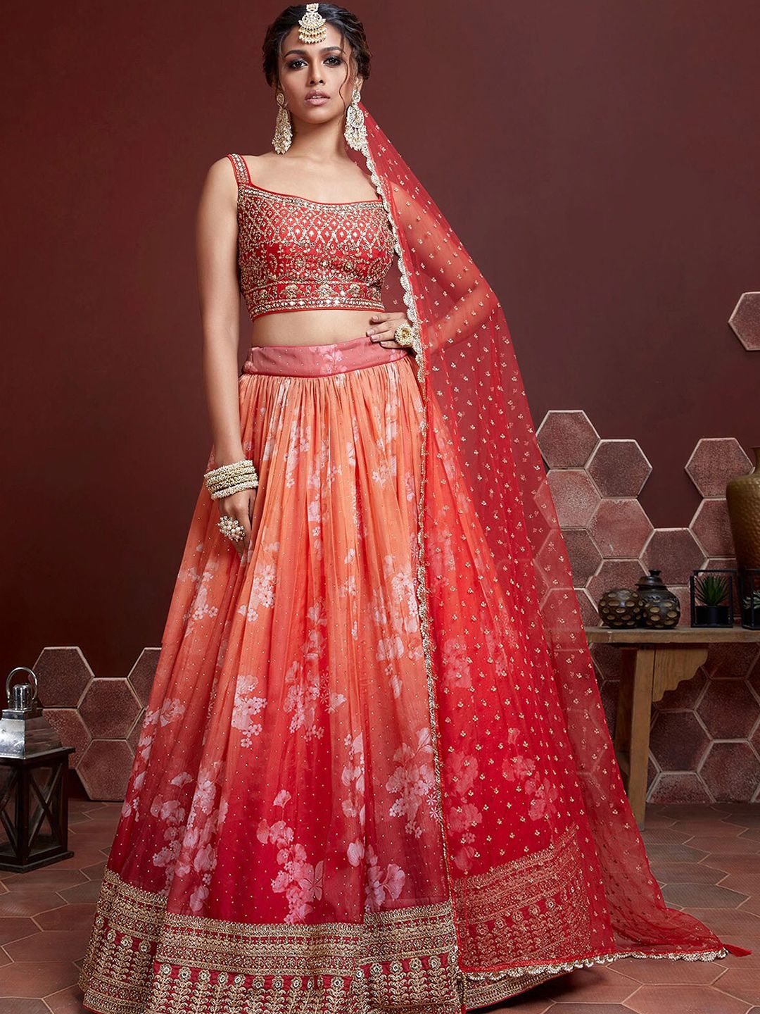 ODETTE Orange & Red Embellished Sequinned Semi-Stitched Lehenga & Unstitched Blouse With Dupatta Price in India