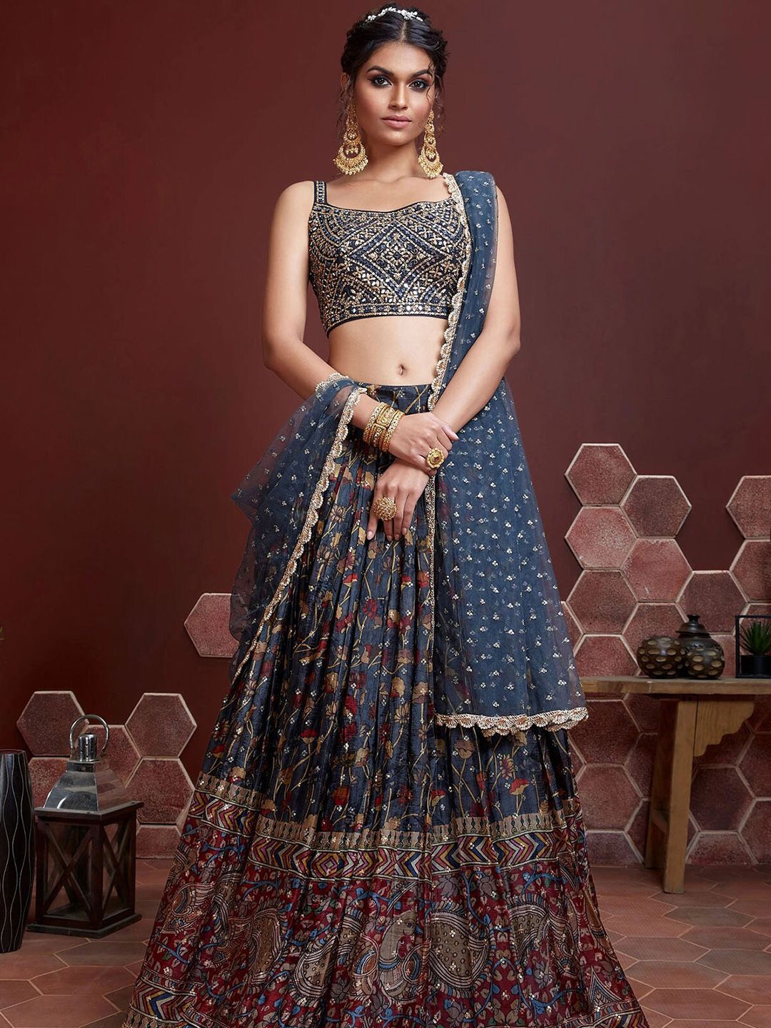 ODETTE Blue & Red Embellished Sequinned Semi-Stitched Lehenga & Unstitched Blouse With Dupatta Price in India