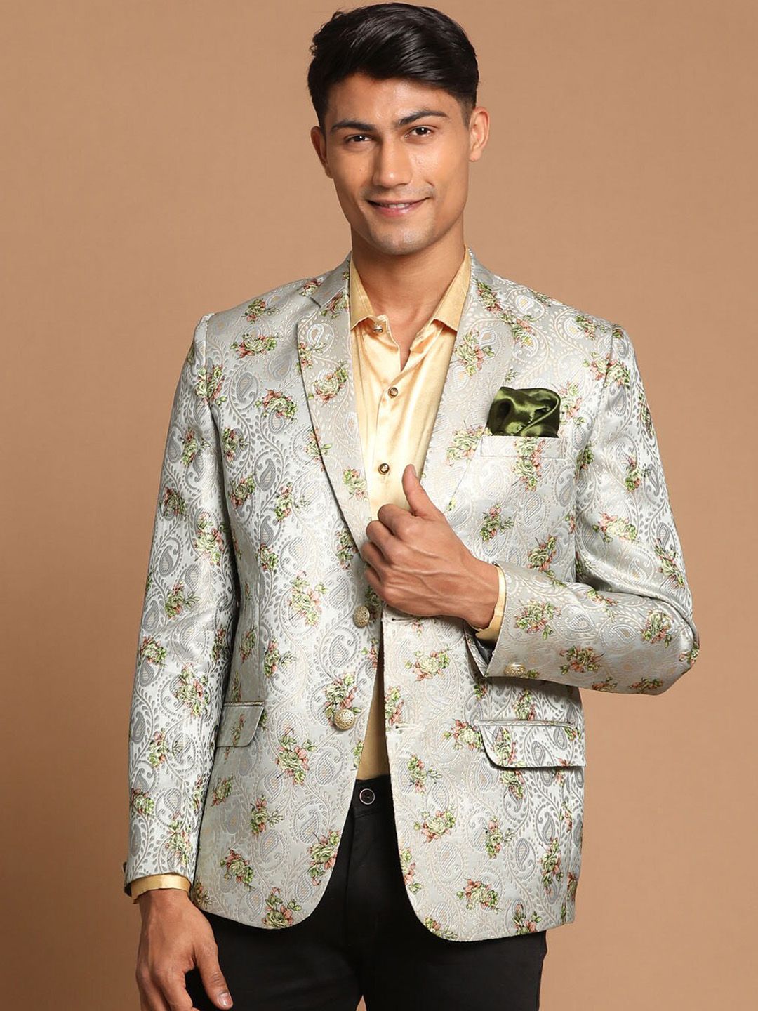 VASTRAMAY Men Green Printed Single-Breasted Blazers