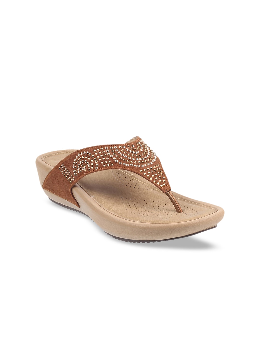 Mochi Women Tan Embellished T-Strap Flats Price in India