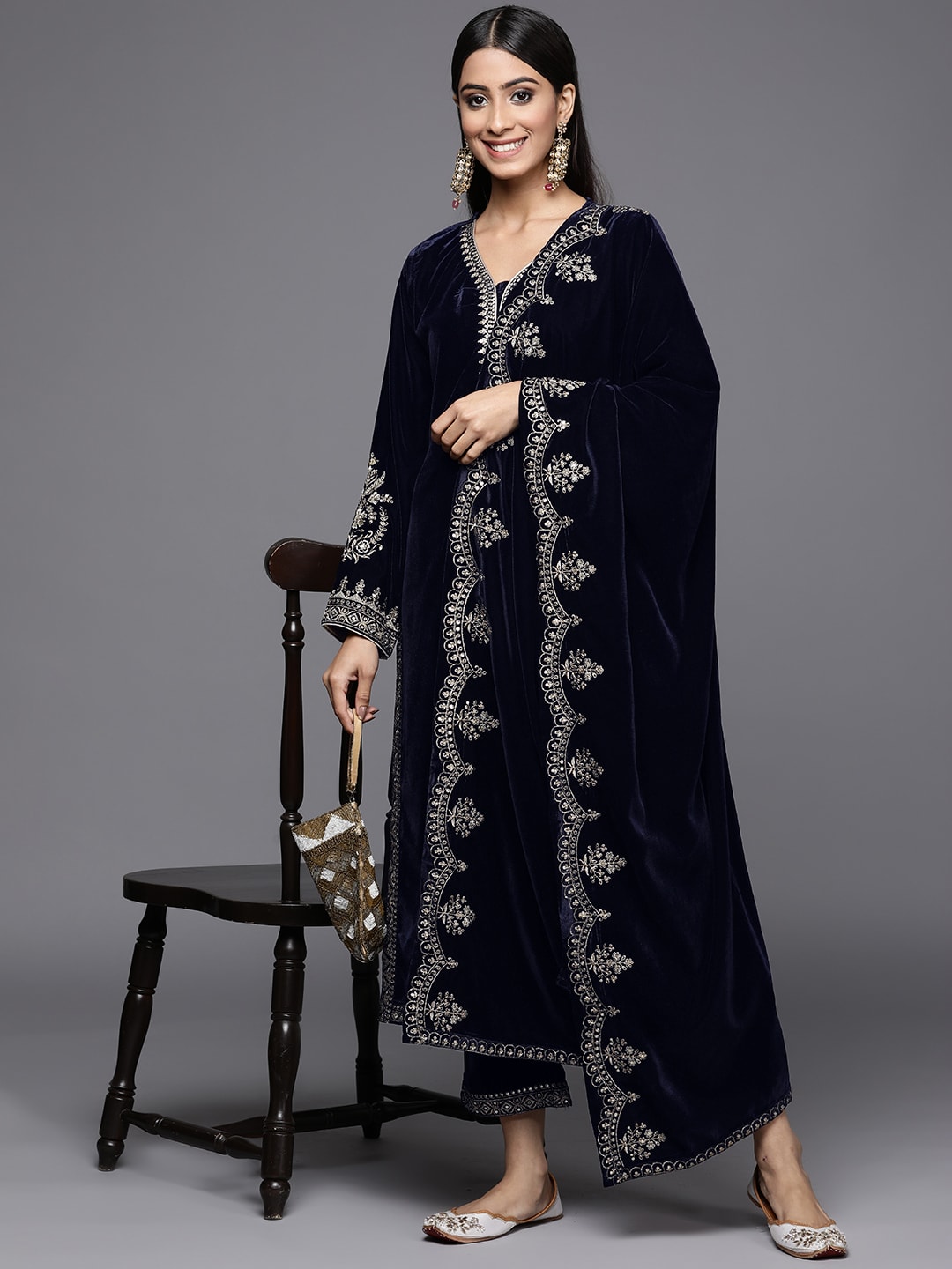 Libas Women Navy Blue Ethnic Motifs Embroidered Velvet Kurta with Trousers & With Dupatta Price in India