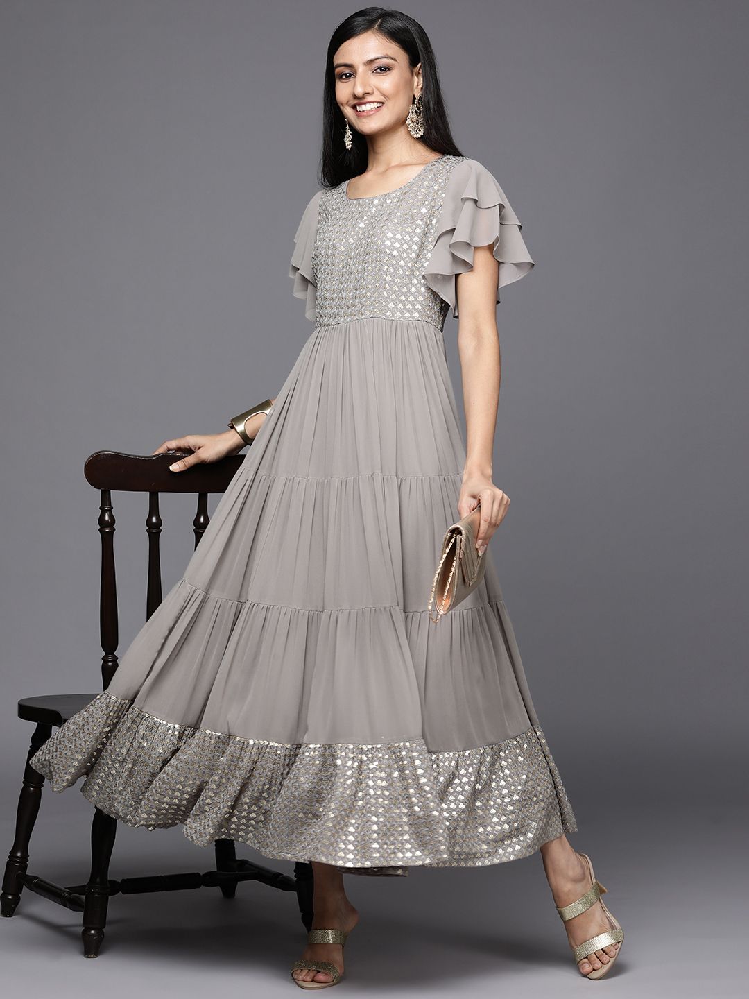 Libas Grey Embellished Georgette Maxi Dress Price in India