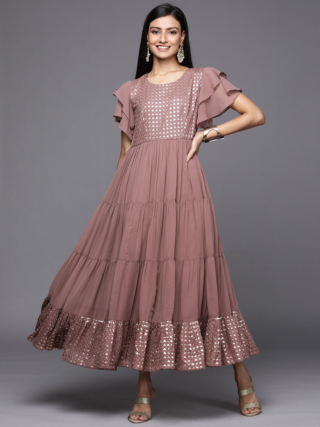 Libas Dusty Pink Solid Yoke Embellished Ethnic Maxi Dress Price in India