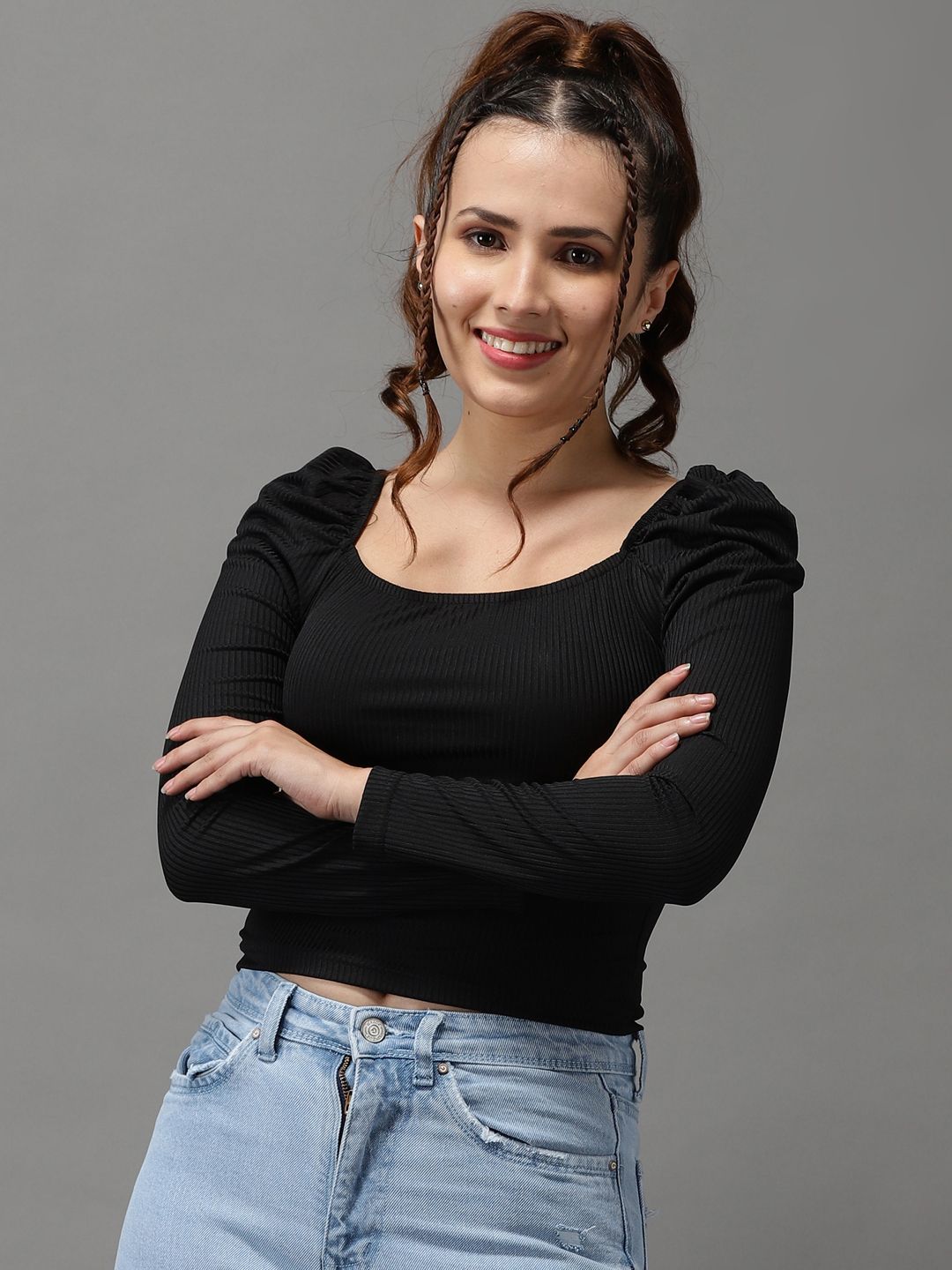 SHOWOFF Black Square Neck Crop Top Price in India
