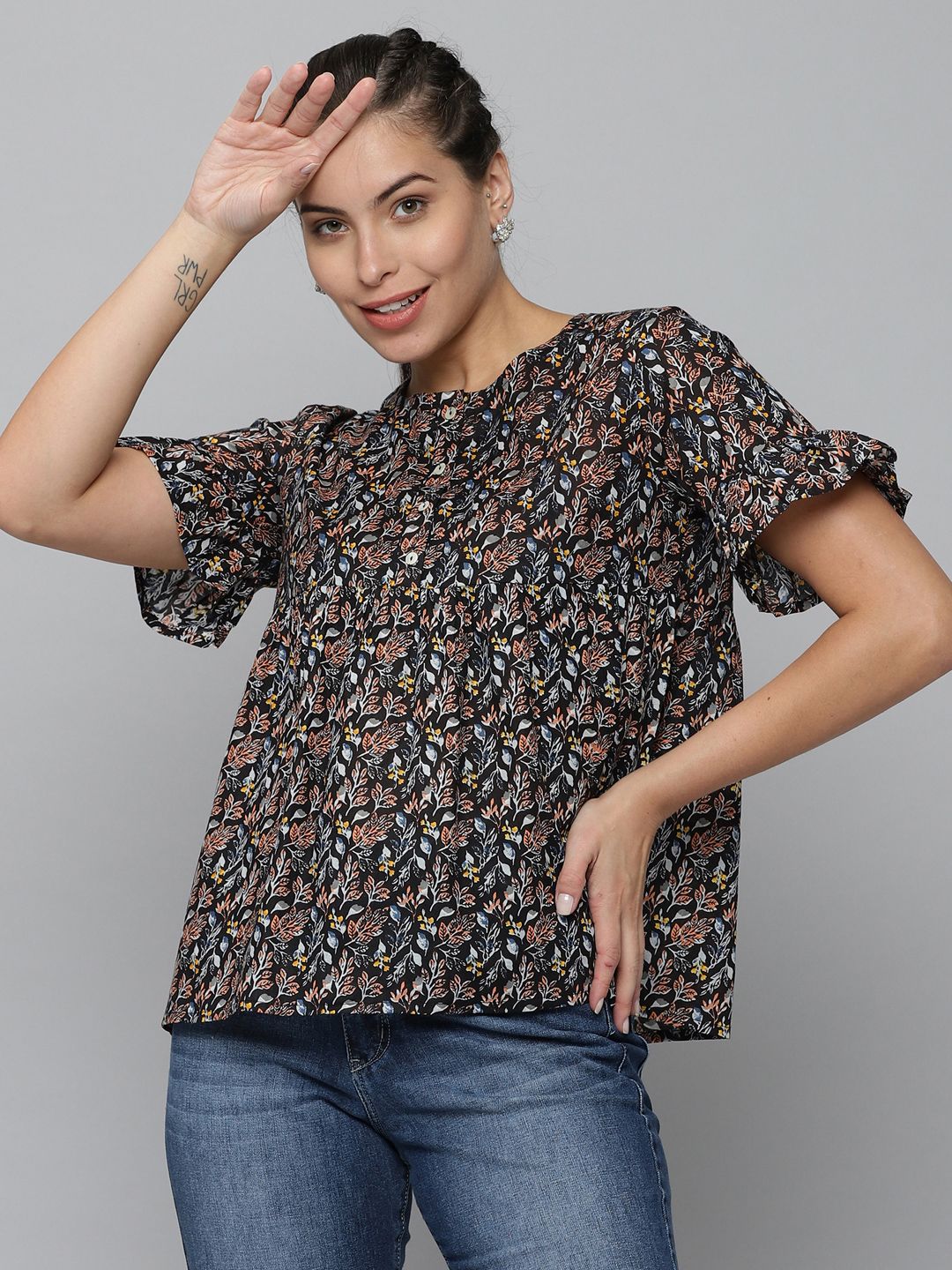 SHOWOFF Black & Blue Floral Print A-Line Top Price in India