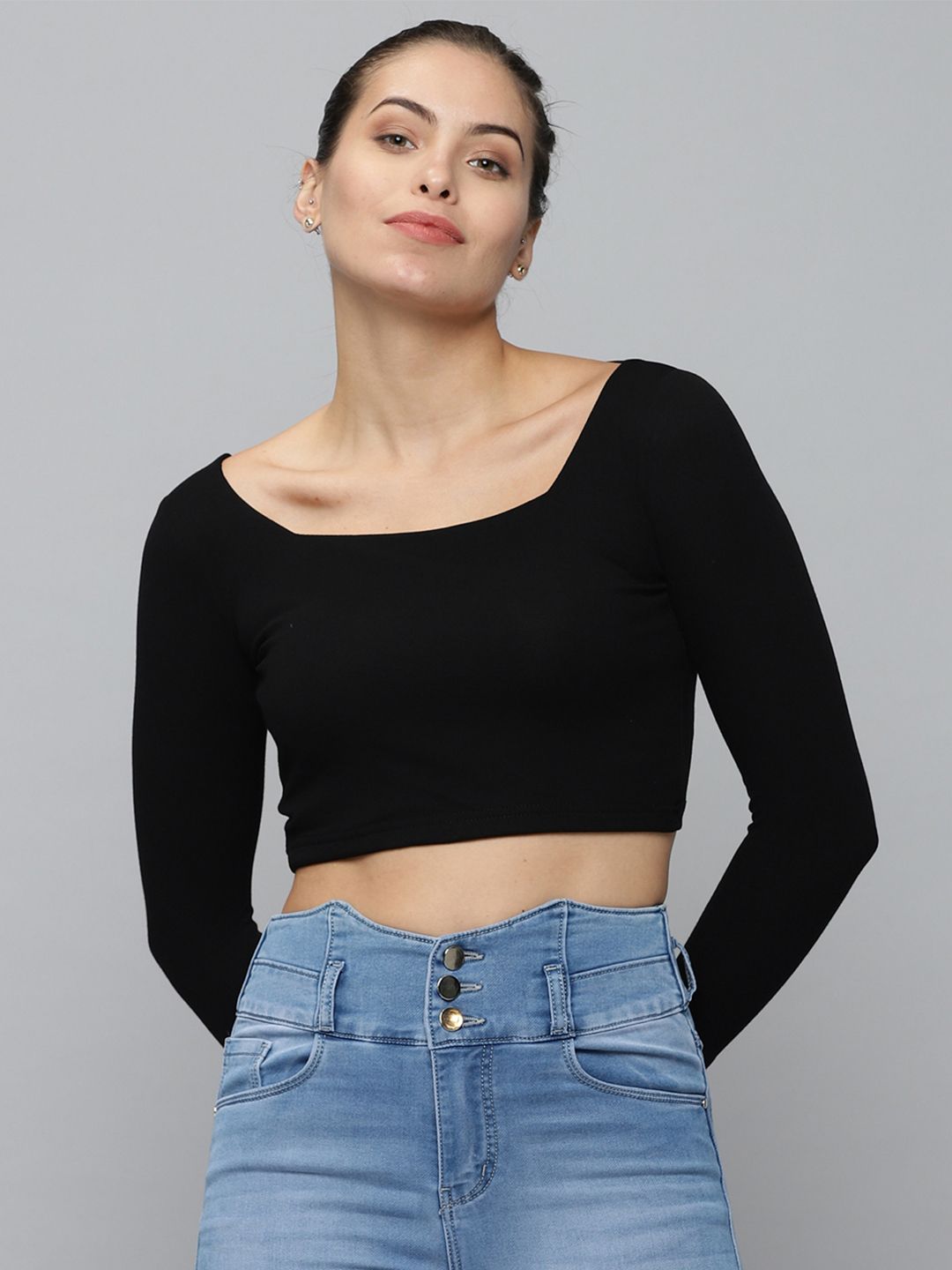 SHOWOFF Black Square Neck Crop Top Price in India