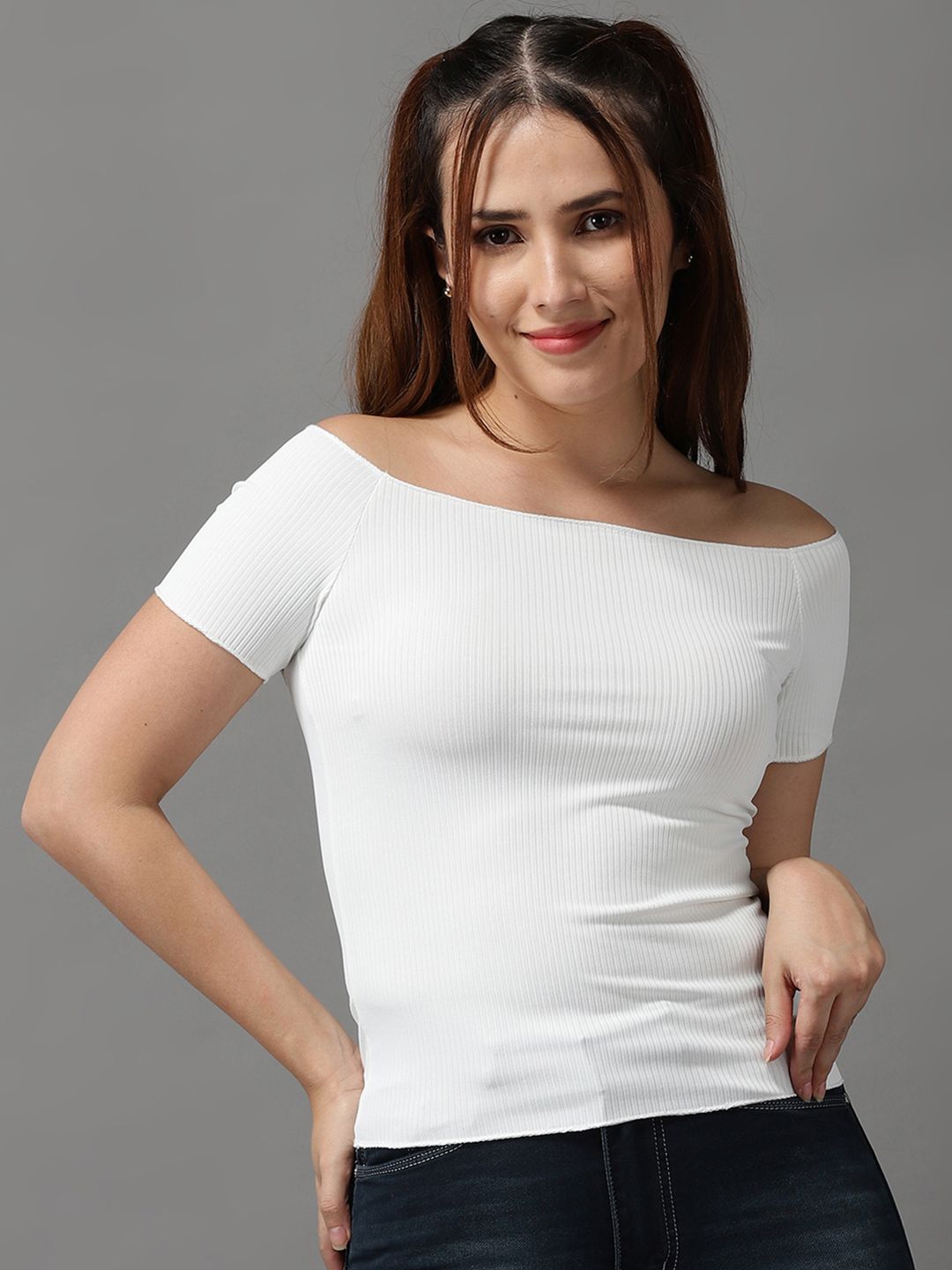 SHOWOFF White Solid Off-Shoulder Bardot Top Price in India