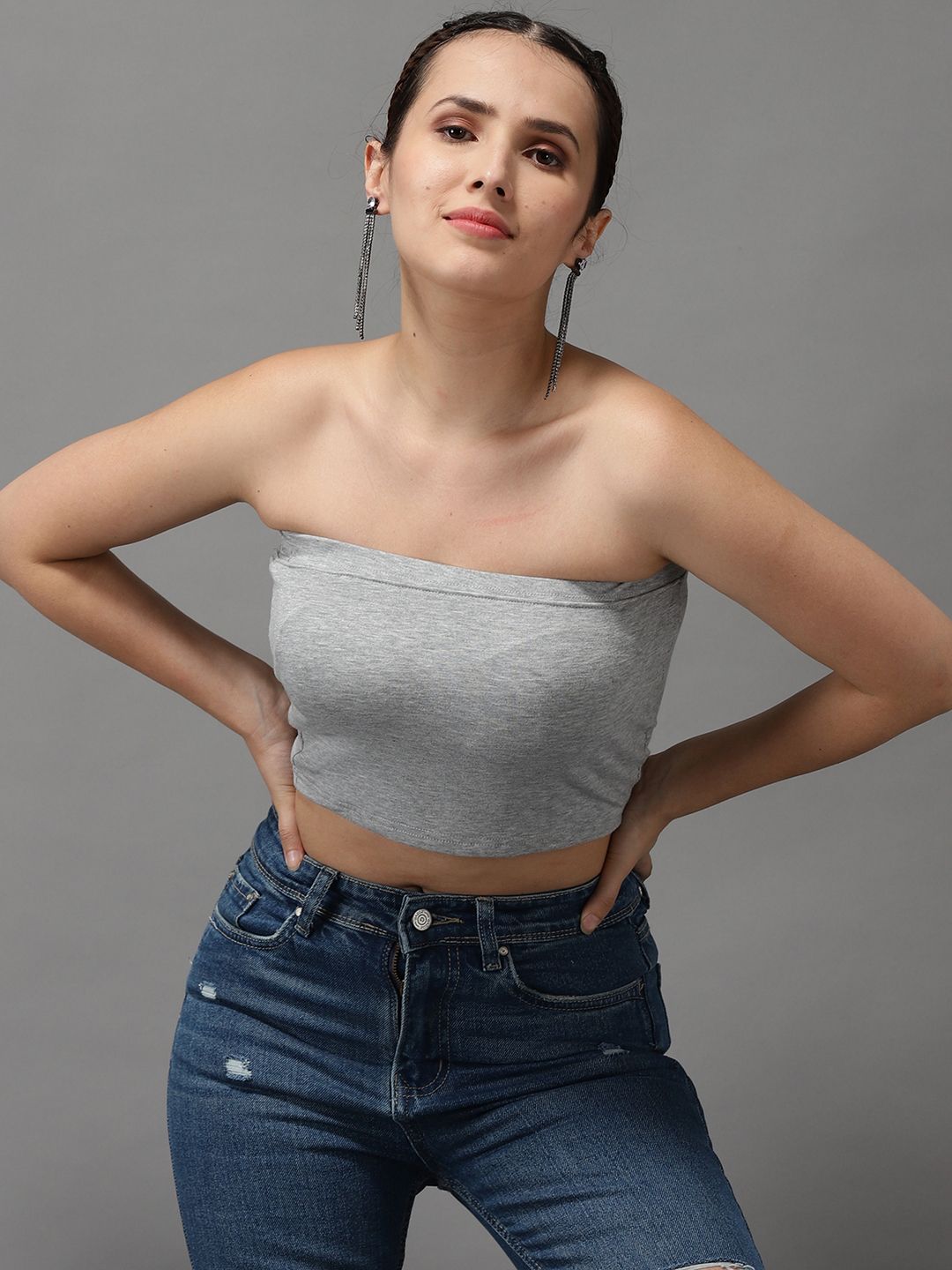 SHOWOFF Grey Solid Tube Crop Top Price in India